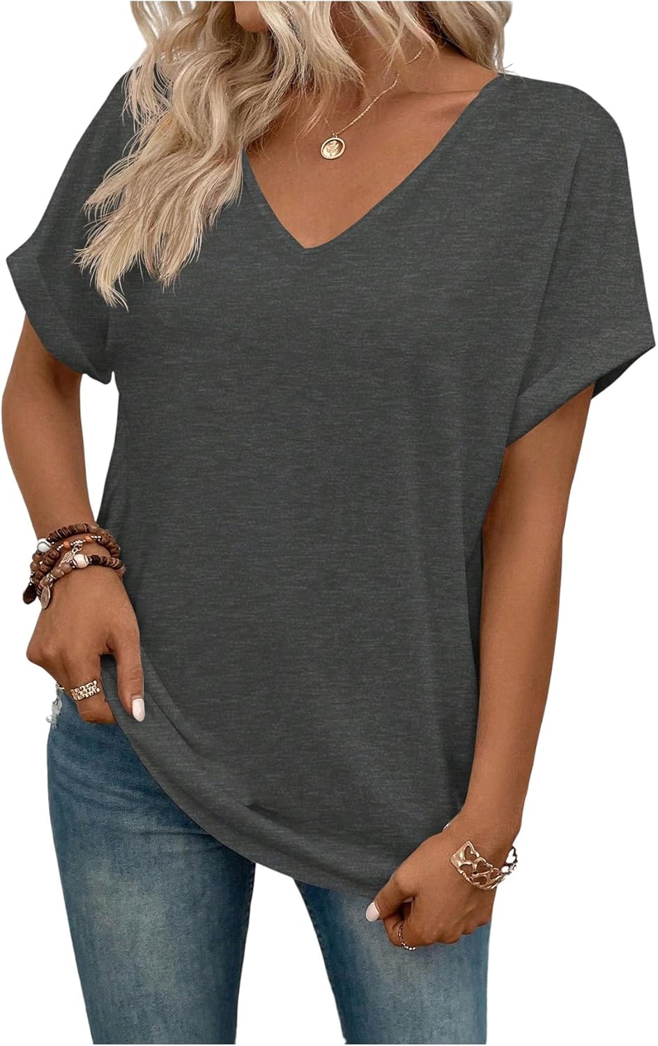 SweatyRocks Women's T Shirt Short Sleeve Solid Color V Neck tees Casual Loose Rolled Hem Tops Summer Spring Fall Outfits 2025