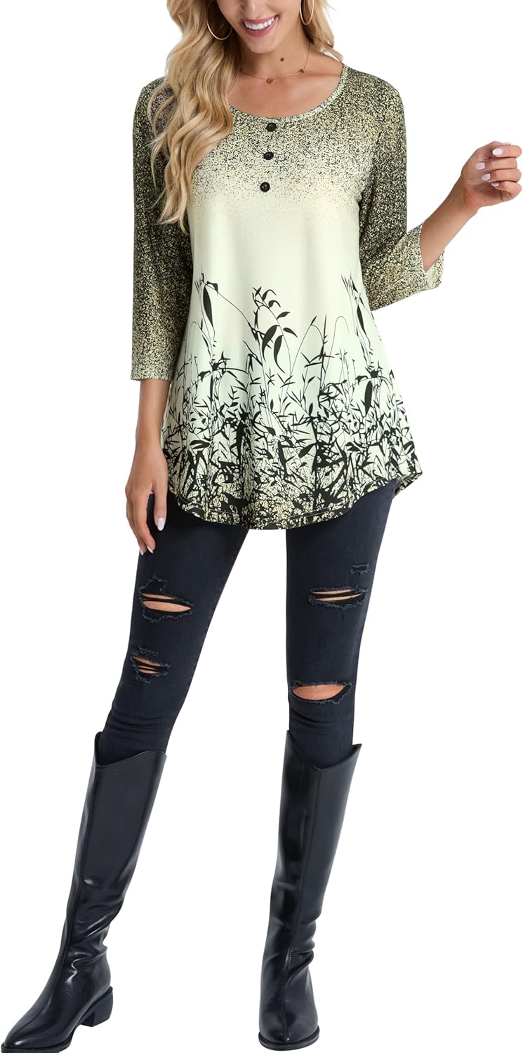 BAISHENGGT Womens Tops 3/4 Sleeve Round Neck Casual Tunic Tops Fall Fashion 2025 Dressy Casual Blouses