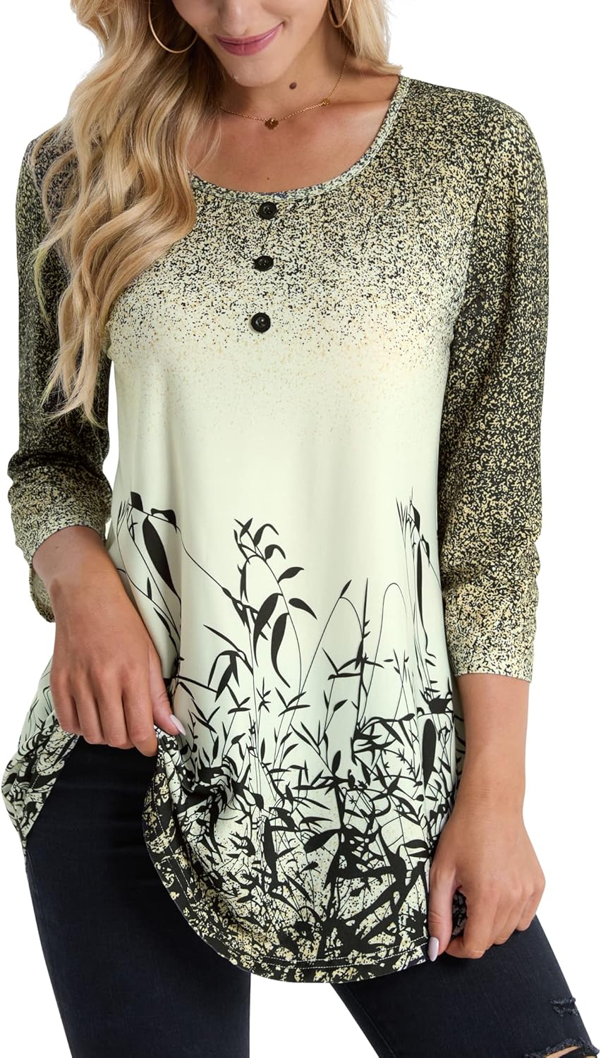 BAISHENGGT Womens Tops 3/4 Sleeve Round Neck Casual Tunic Tops Fall Fashion 2025 Dressy Casual Blouses