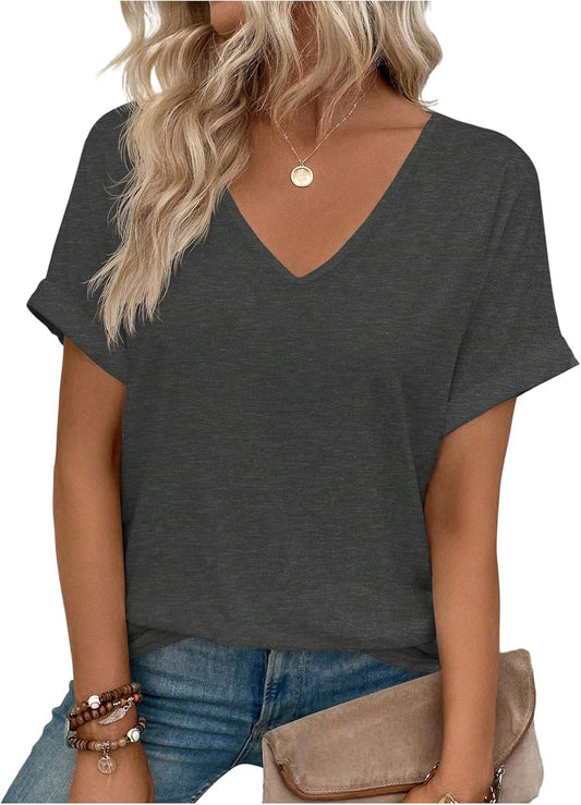 SweatyRocks Women's T Shirt Short Sleeve Solid Color V Neck tees Casual Loose Rolled Hem Tops Summer Spring Fall Outfits 2025