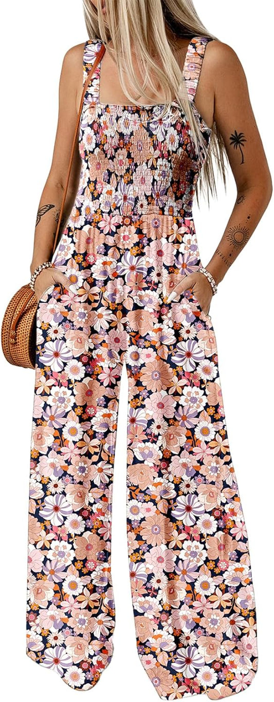 Dokotoo Women's Casual Loose Overalls Jumpsuits One Piece Sleeveless Printed Wide Leg Long Pant Rompers With Pockets