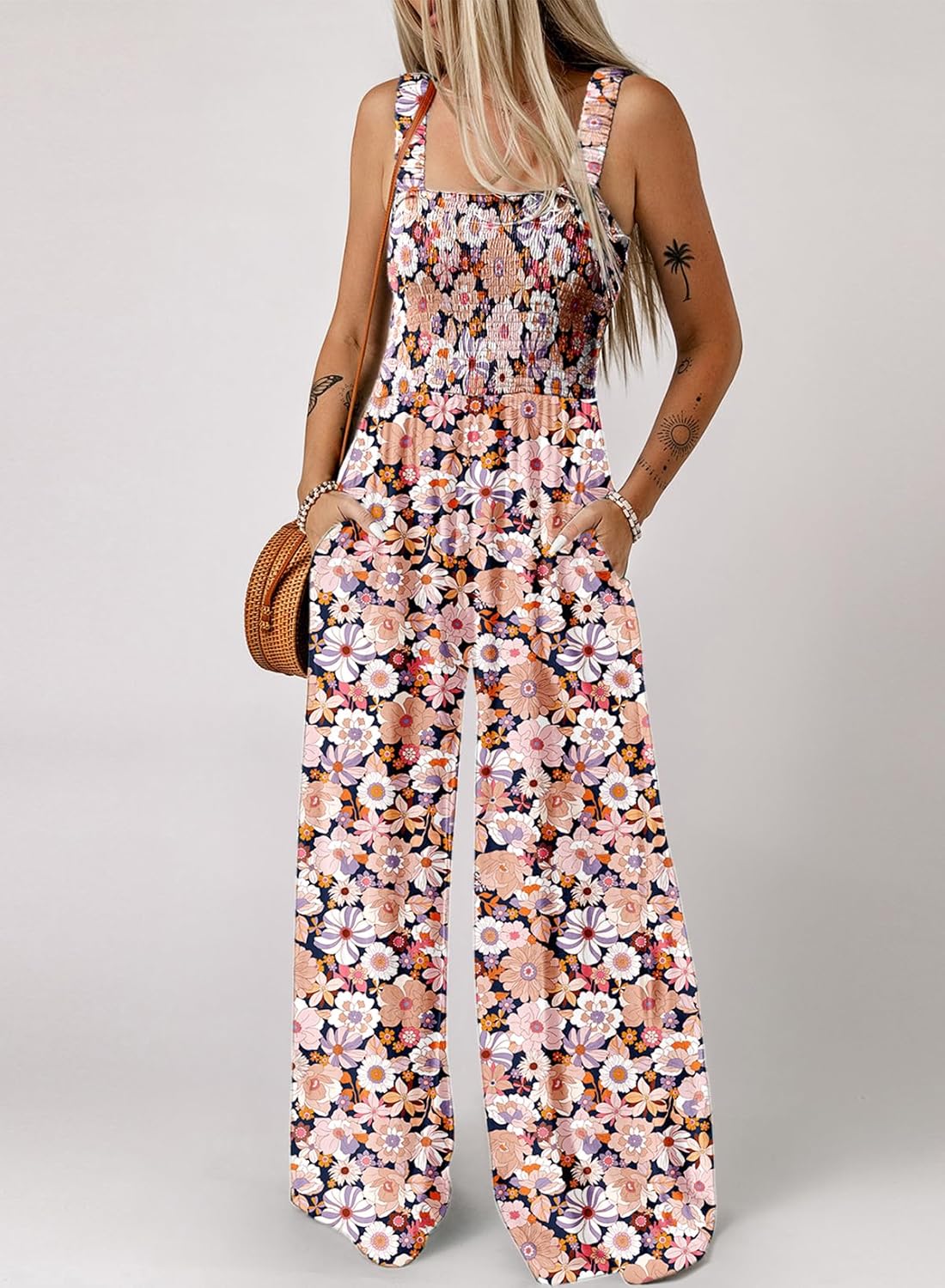 Dokotoo Women's Casual Loose Overalls Jumpsuits One Piece Sleeveless Printed Wide Leg Long Pant Rompers With Pockets