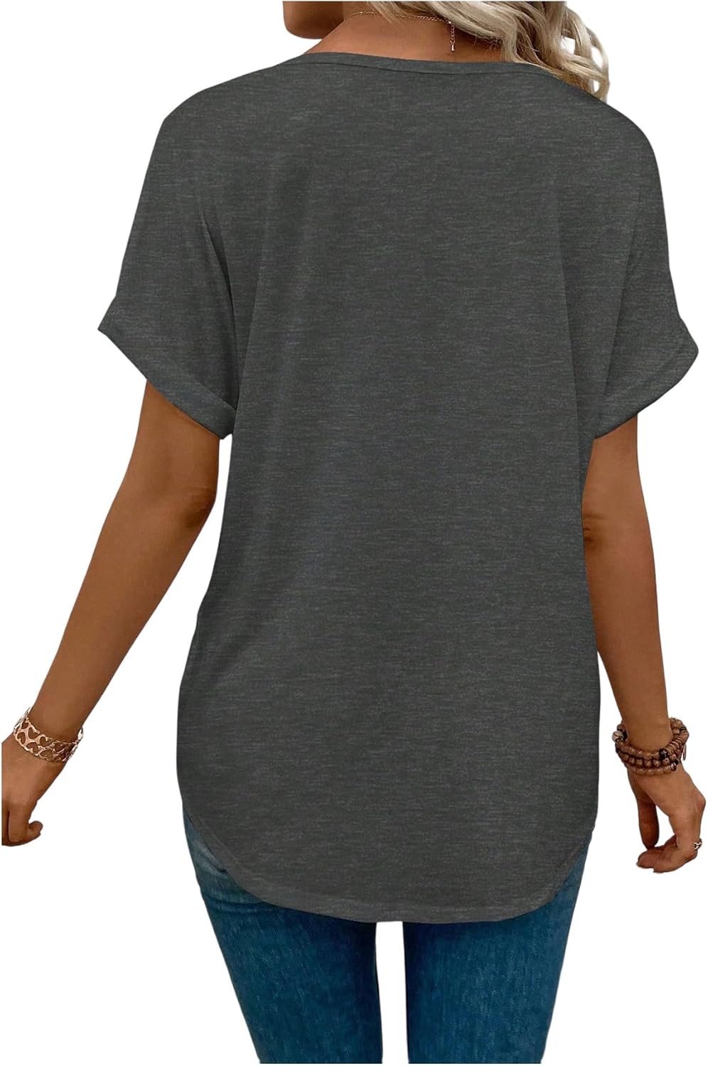 SweatyRocks Women's T Shirt Short Sleeve Solid Color V Neck tees Casual Loose Rolled Hem Tops Summer Spring Fall Outfits 2025