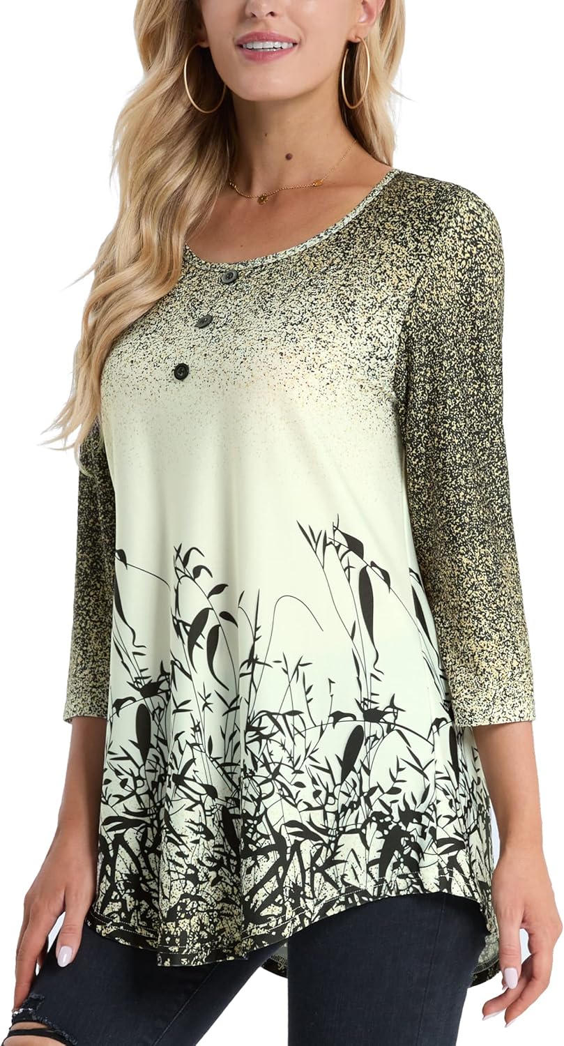 BAISHENGGT Womens Tops 3/4 Sleeve Round Neck Casual Tunic Tops Fall Fashion 2025 Dressy Casual Blouses