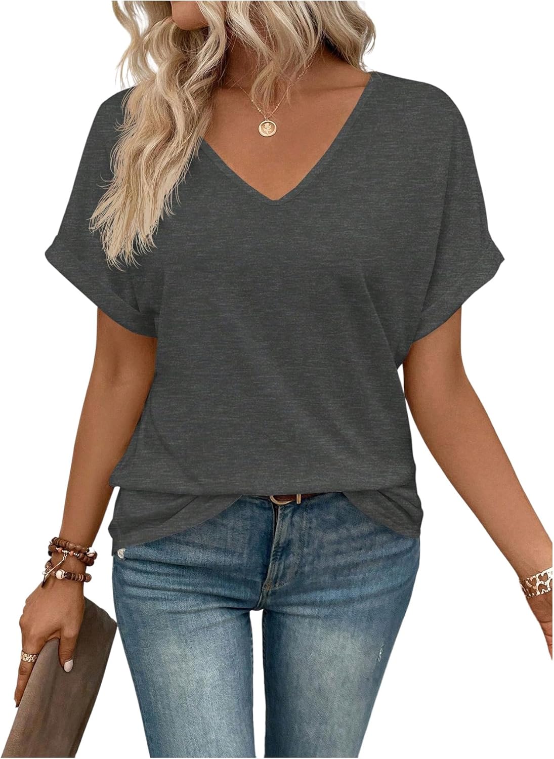 SweatyRocks Women's T Shirt Short Sleeve Solid Color V Neck tees Casual Loose Rolled Hem Tops Summer Spring Fall Outfits 2025